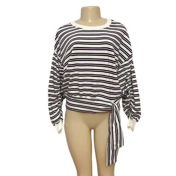 Kenzie Striped Tie Waist Long Sleeve Top Pink White Black Jersey Sweatshirt - Picture 1 of 8